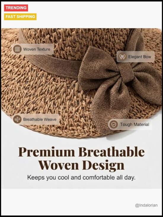 Woven Straw Sun Hat with Bow, Wide Brim Foldable Crochet Beach Hat, Breathable main image 4